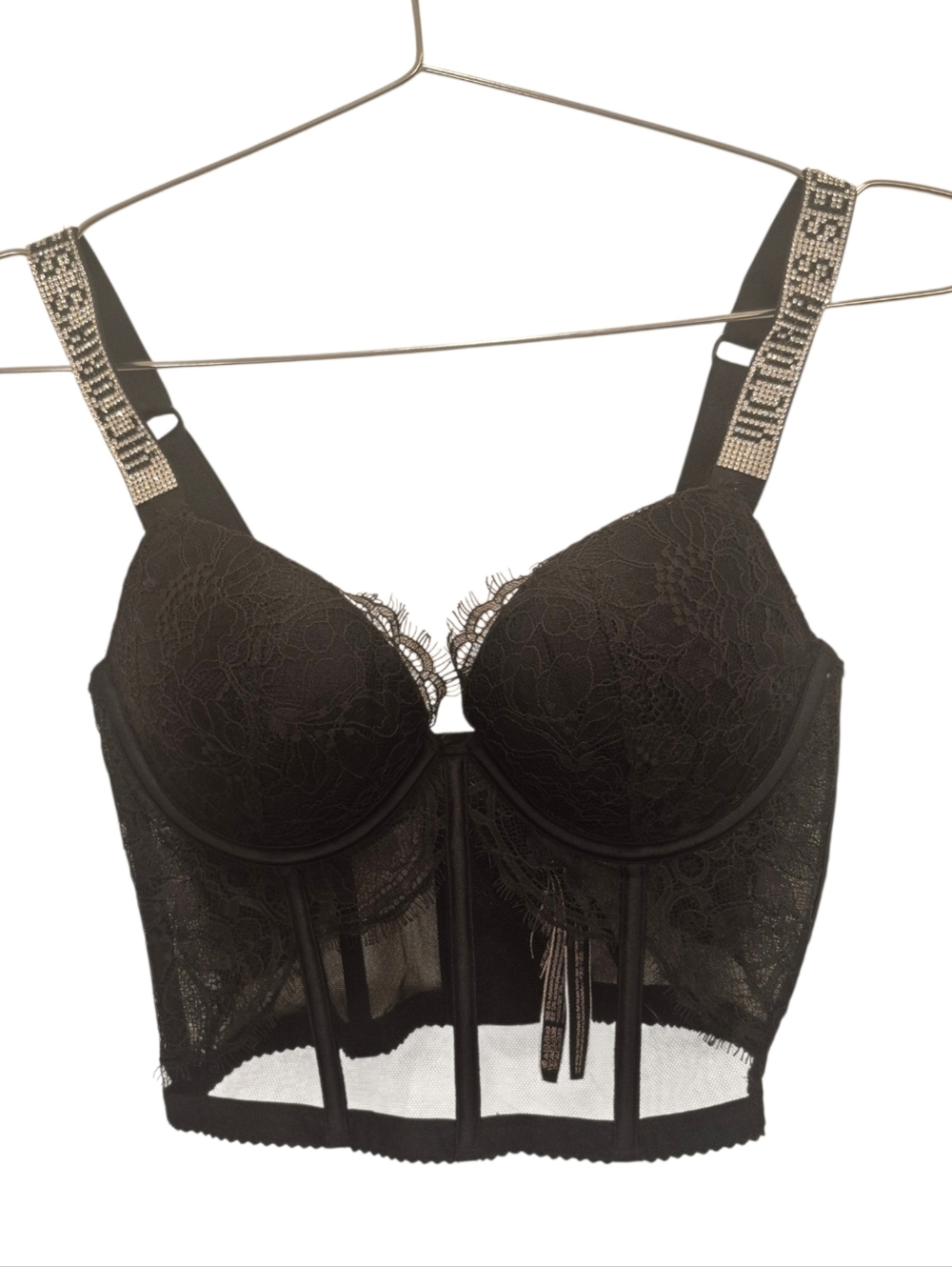 Victoria Secret Bra 32C Bombshell Push Up Black Shine Strap Bling Long Line Lace